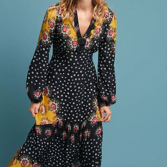 Farm Rio X Anthropologie Floral Blocked Long Sleeve Maxi Dress - Picture 2 of 16